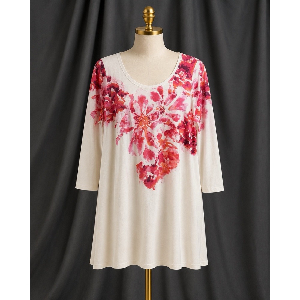 Pure Jill Ballet Sleeve Tunic Top Cotton Modal Cream Pink Floral Medium Tall MT